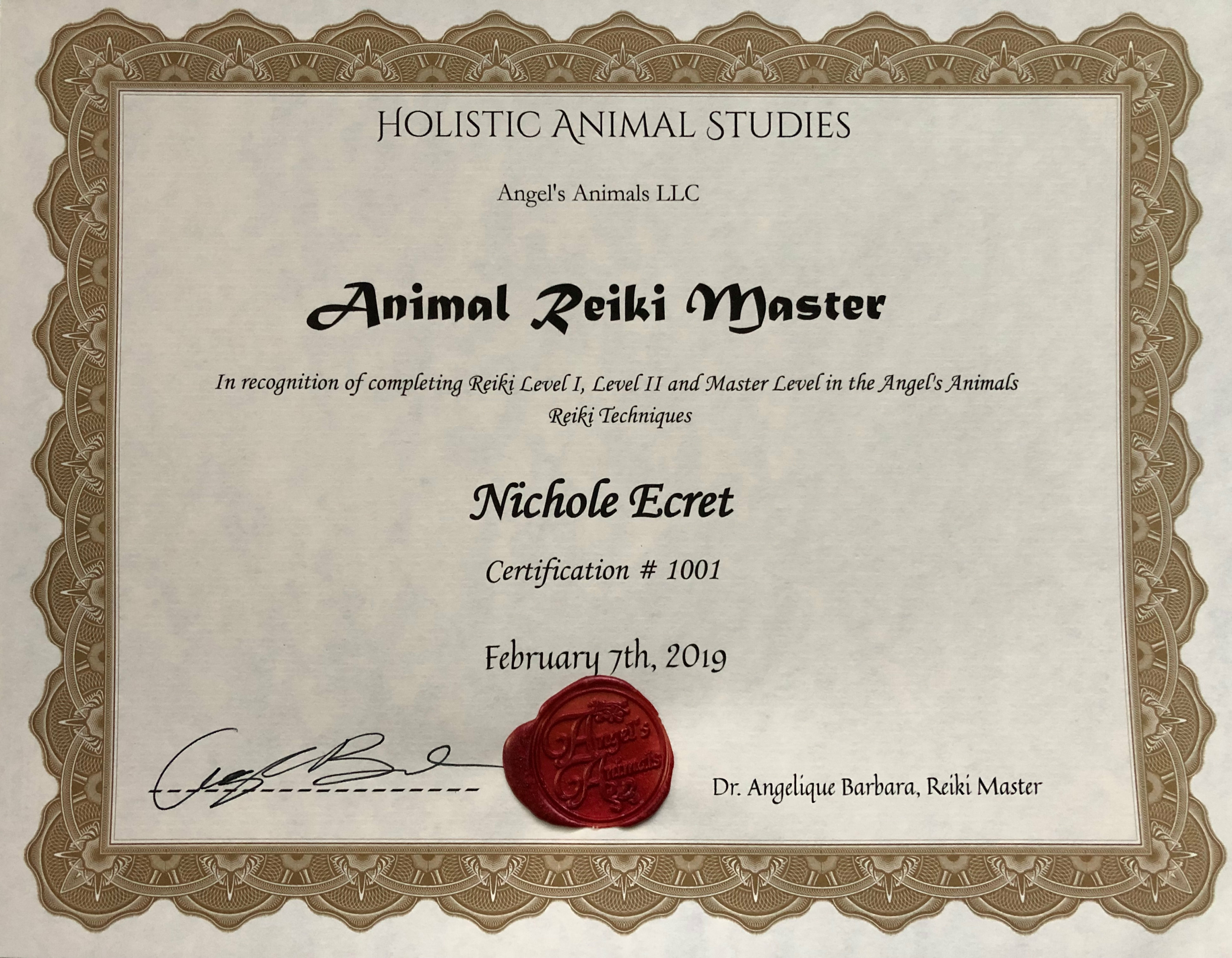 Animal Reiki Certification Processing Fee